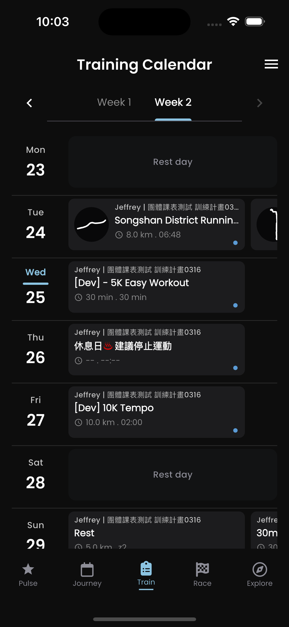 Training calendar with weekly workouts