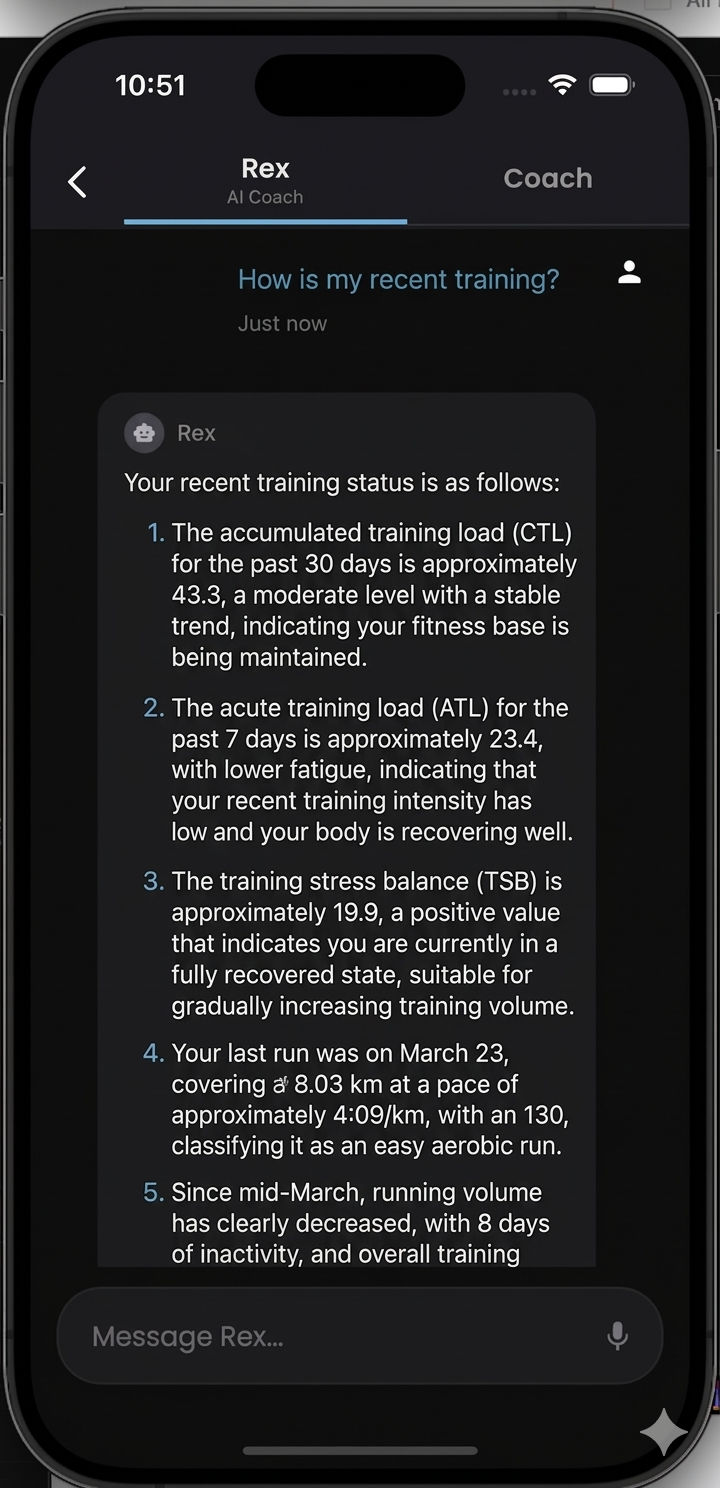 Rex AI chat analyzing training status